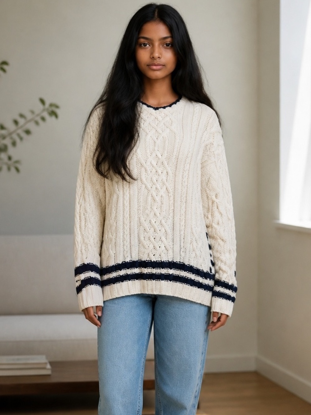DKNY White Cable-Knit Crew Sweater with Navy Stripe Detailing XL